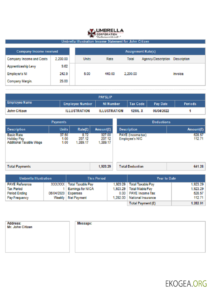 Fiche de paie de la société pharmaceutique USA Umbrella